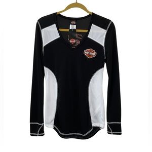 NWT Women's Harley-Davidson Black & White Deep V Neck Long Sleeve Top Size Small